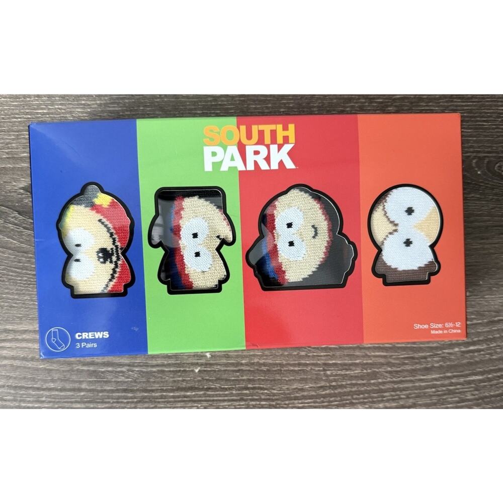 South Park TV Show 3x Pair of Crew Socks- Men's Shoe Size 6.5-12 NEW W/BOX